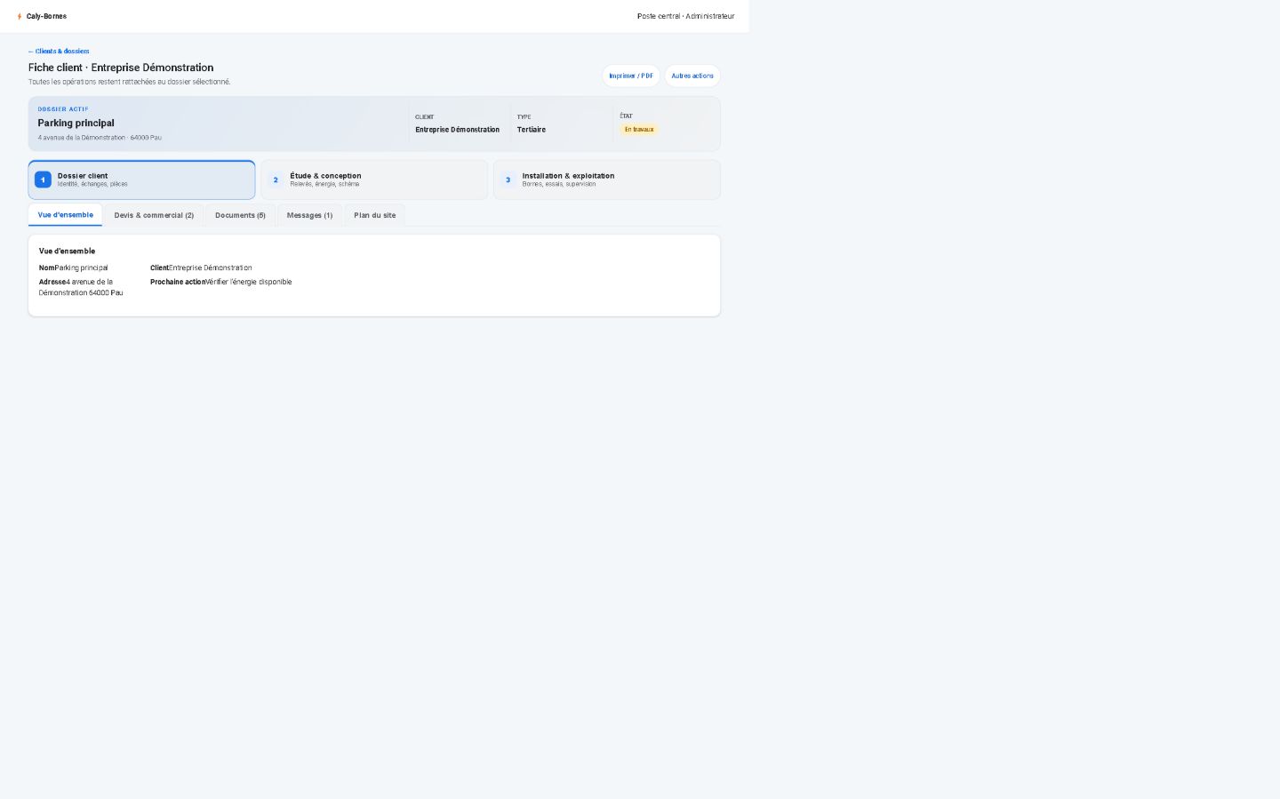 Demonstration customer record in the Caly-Bornes central application